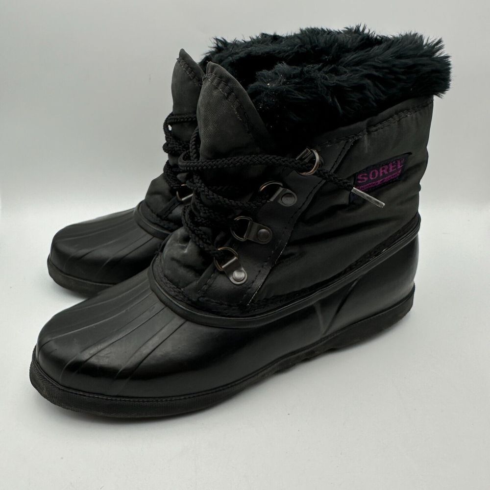 Sorel Kaufman Ankle Snow Boots Womens 7 Black Fur Trim Lace Up Winter‎